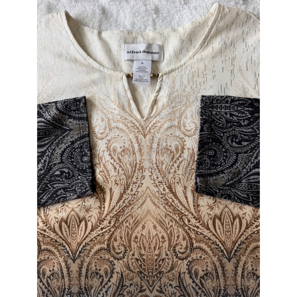 Alfred Dunner Women M Ombre Paisley Metallic Stripe 3/4 Sleeve Beaded Neck Top